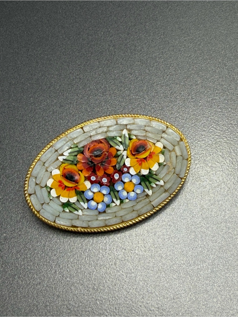 ❤️2/$80 Vintage  Floral Micro-Mosaic Brooch in Yellow, Orange & Blue